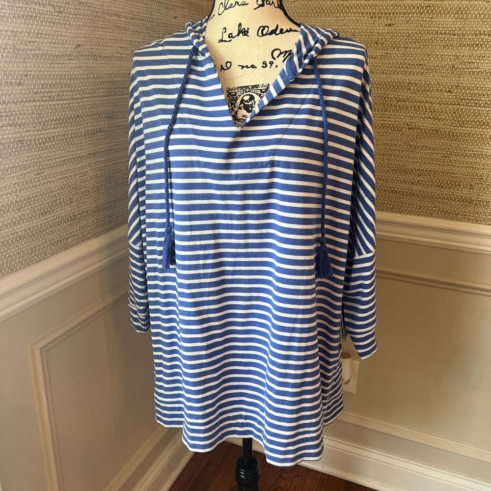 Coolibar Blue and White Striped Sun Protection Hoodie